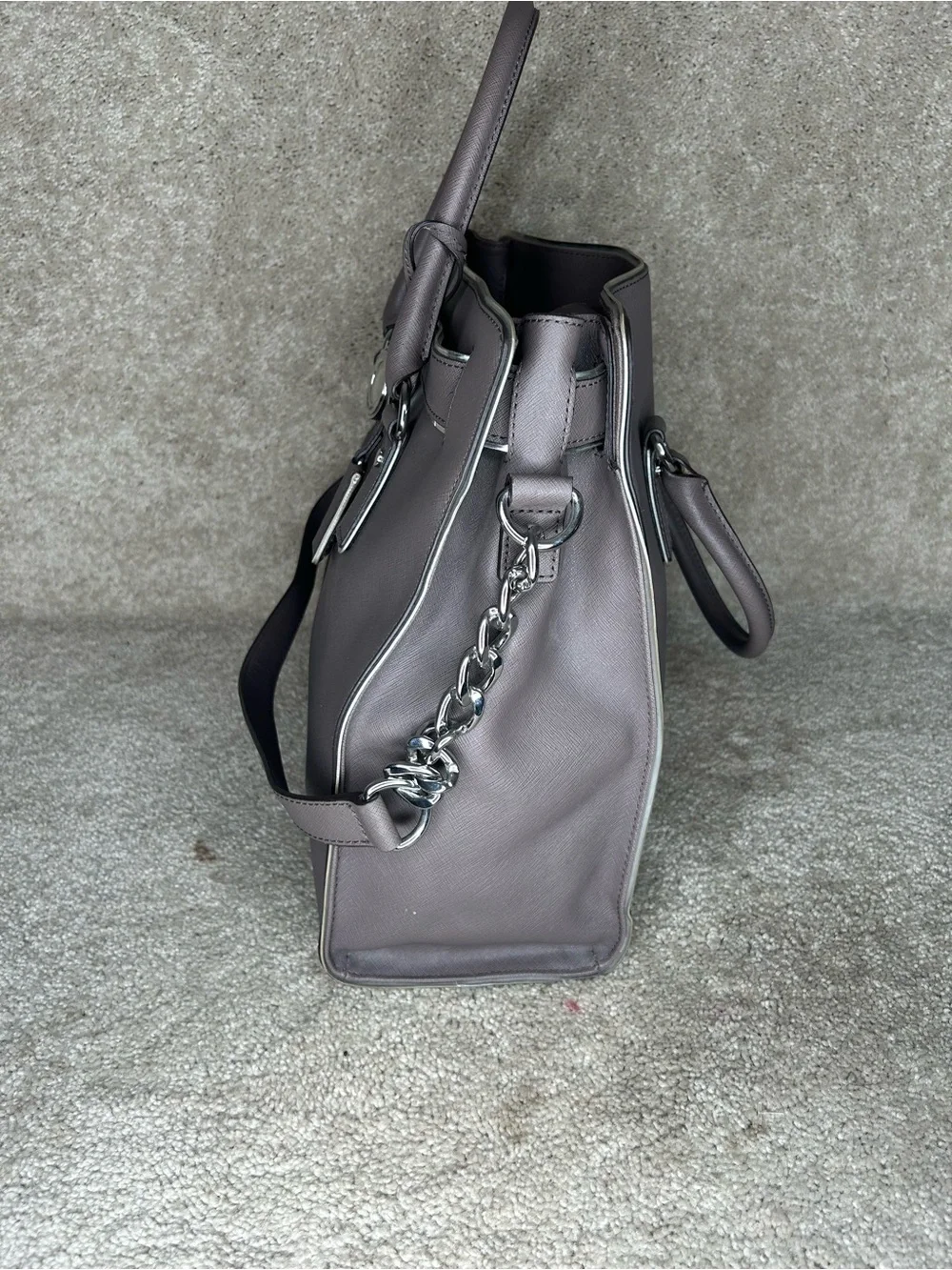 MICHAEL Kors SAFFIANO Hamilton gray SILVER TRIM TOTE Lock W/ Key Handle Strap